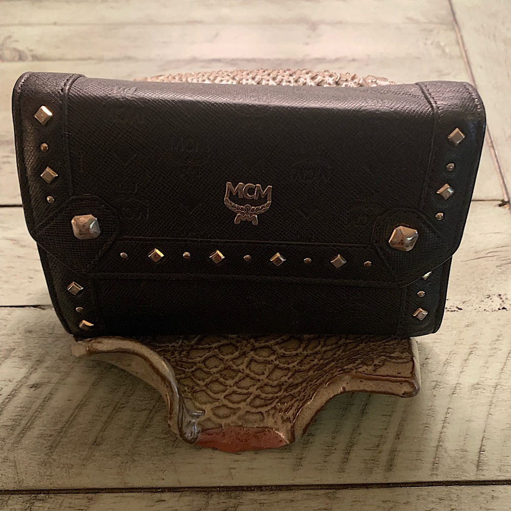 Authentic MCM Black Wallet with Gold Studs